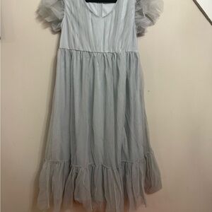 Girls Light Gray Tulle Puff Sleeve Dress
